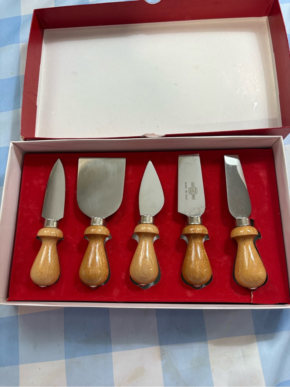 Vntg William Sonoma 5-Piece Cheese Knife/Spreaders Set with Wood Handles -Italy